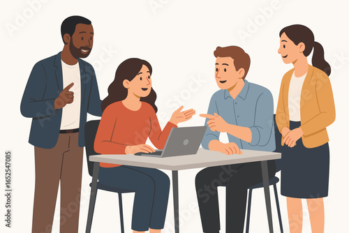 Office teamwork concept. Diverse group of colleagues talking and discussing a project at a work meeting. People solving problems together. Workplace communication vector.