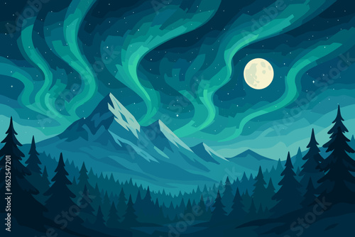Northern lights landscape illustration. Aurora borealis in night sky with stars and moon. Mountain, forest, nature background. Winter travel. Vector cartoon scenic view.
