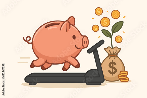 Passive income concept. Piggy bank on treadmill making money grow. Investment and financial success metaphor. Let your money work for you. Savings and earnings vector.