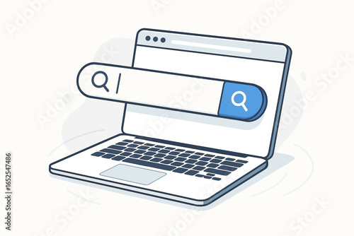 Search bar on laptop screen vector illustration. Concept of searching for information on the internet. Web browser interface. Finding data online using a computer search engine.