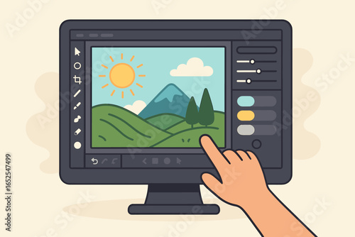 Photo editing software on computer screen. Hand retouching landscape. Graphic design process. Digital illustration tool interface. Color correction and post production concept.