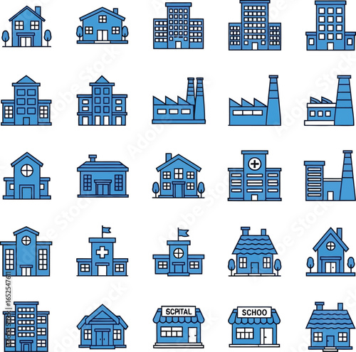 Explore a vibrant collection of building icons perfect for illustrating urban planning and architectural concepts