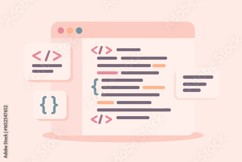Programming code on screen vector illustration. Software development concept. Web browser window with html, css, or javascript syntax. Coding, hacking, abstract background.