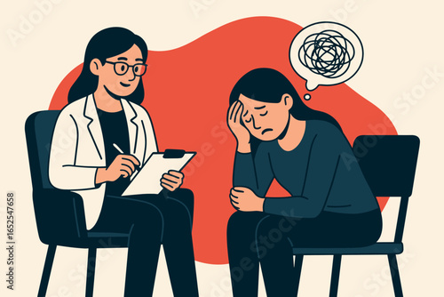 Psychotherapy session with psychologist and patient. Woman with depression, anxiety gets help. Mental health care concept. Doctor counseling a sad female with confused thoughts.
