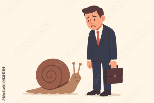 Slow business, career metaphor. Sad businessman with snail. Lack of progress, procrastination, frustration concept. Unsatisfied, unfulfilled. Stagnation, delay in work.