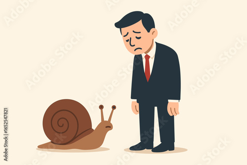Slow business and career progress concept. Sad, bored businessman standing still with a snail, feeling a lack of progress in life and work. Unsatisfied and unfulfilled.