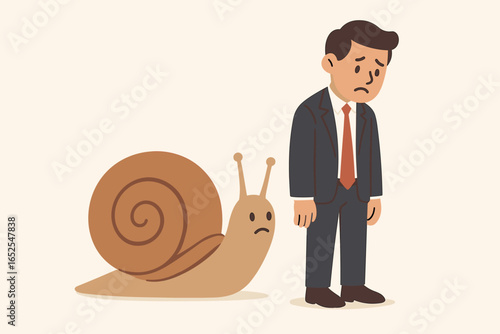 Slow business and career metaphor. Unmotivated businessman with snail for lack of progress. Concept of stagnation, procrastination, and feeling unfulfilled or stuck in life.