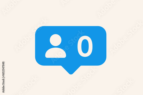 Social media follower icon with zero count. Blue notification bubble symbol. Concept of a new account, unpopularity, online failure, no community engagement or cyberbullying.
