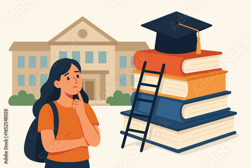 Student choice concept. Woman thinking about college, university education path. Ladder on books to graduation cap. Career decision, future goal vector illustration.