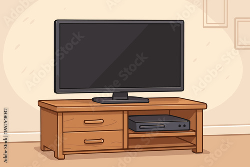 Home entertainment concept. Flat screen TV on a wooden stand in a living room. Media console with player. Turned off television with blank screen. Home interior. Cartoon style.