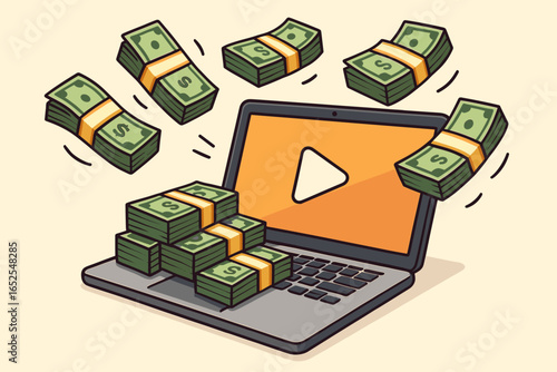 Make money online concept. Video creator, vlogger or influencer income from monetization. Laptop computer with cash. Digital content revenue, streaming and online business profit.