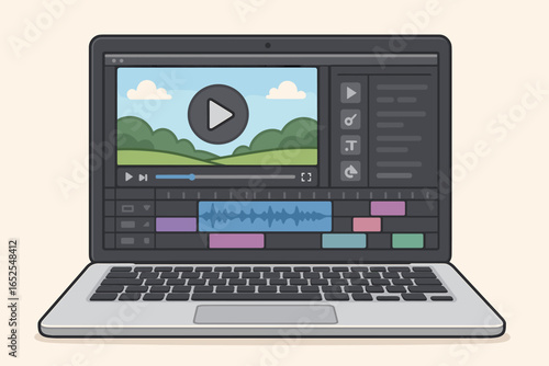 Video editing software on laptop screen. Application for editing videos with timeline and user interface. Post production process, content creation. Movie editor, film making.