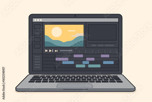 Video editing software on laptop screen. Application for creating movie, processing footage. Post production, montage maker with user interface timeline. Content creator concept.