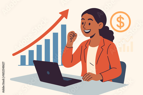 Woman investor success with stock market growth chart. Businesswoman happy with financial profit and return on investment. Concept of finance, trading, and economy.