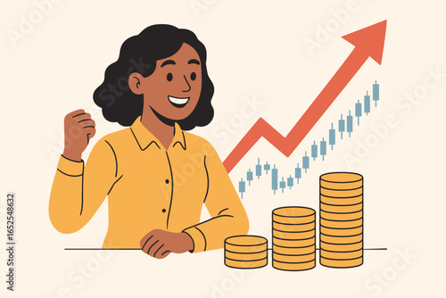 Woman investor success concept. Female celebrating financial profit and income growth. Stock market analysis with rising chart. Return on investment, wealth and savings.