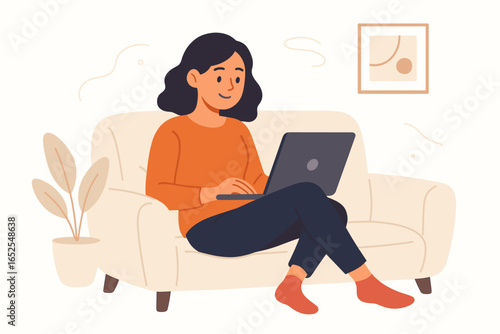 Woman working on laptop at home, sitting on cozy sofa. Concept for remote work, freelance, online education, home office. Female character with computer vector illustration.