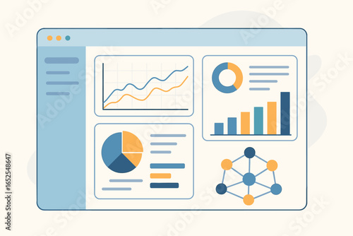 Data analysis dashboard UI with charts and graphs. Business intelligence app interface for analytics report. Financial statistics on web page. Vector infographic concept.