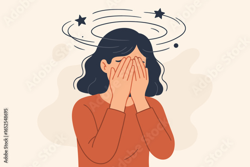 Woman burnout. Dizzy female person feeling depressed and anxiety. Mental health concept. Emotional stress, headache, vertigo, fatigue, grief, and despair. Sad character. Vector.