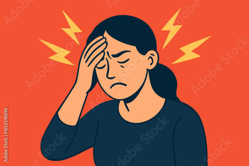Woman with migraine, visual metaphor of headache. Concept of pain, stress, anxiety, depression. Health care problem. Female person with hand on head. Vector illustration.