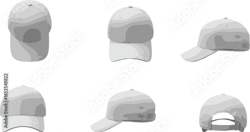 Blank baseball cap vector illustration, multiple angles, front, back, side, six views, fashion accessory template, apparel design mockup, headwear