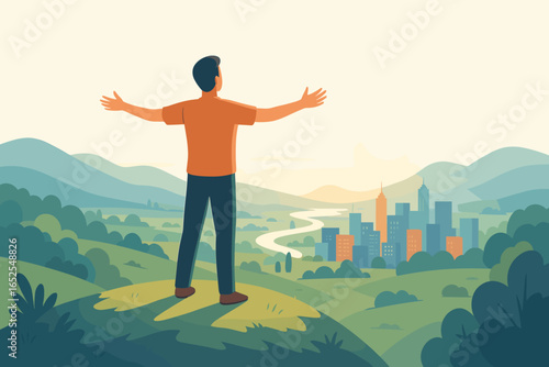 Man on hilltop with open arms looks at city. Concept of opportunity, future, success, freedom, hope, aspiration, and vision. Motivational vector of new beginnings.
