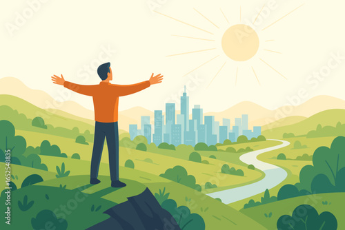 Man on hilltop with open arms looking at city. Concept of future, success, opportunity, freedom. Motivational vector of new beginnings, career goals, and aspiration.