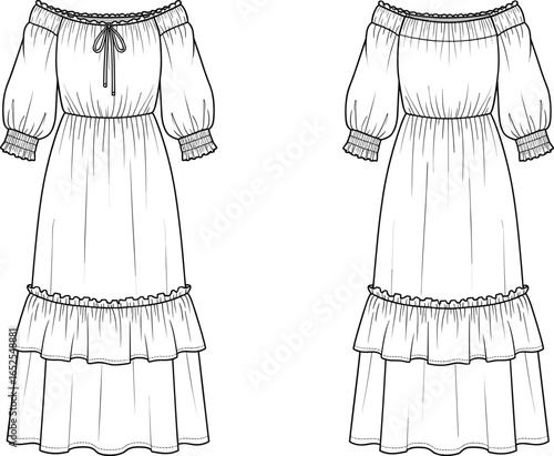 Boho off shoulder dress flat sketch, ruffle midi gown fashion illustration, women clothing design template, stylish apparel drawing, garment technical design