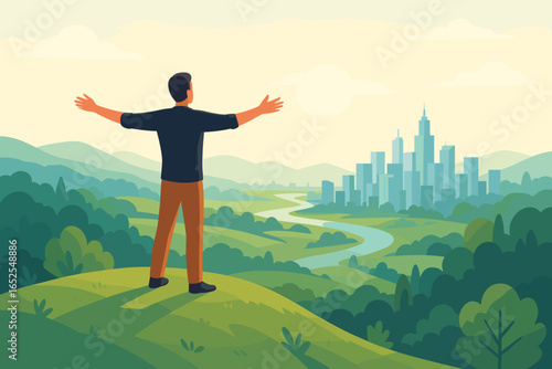 Man on hill looking at city. Future vision concept. Success, freedom, opportunity. Businessman enjoying beautiful view of nature landscape and urban cityscape. Aspiration.
