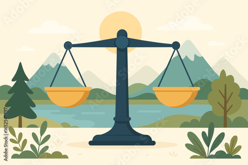 Yes or no choice concept. Weight scale in nature scene for balance between two answers. Metaphor for decision making, justice, and environmental ethics. Flat vector cartoon.