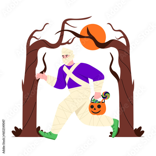A flat style illustration showing mummy running