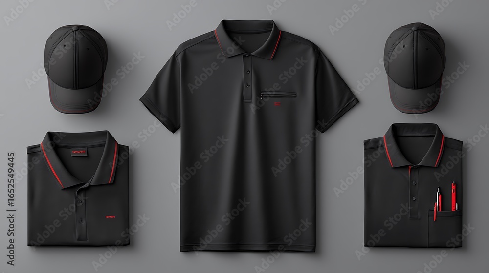 Fototapeta premium corporate Identity constructor workwear black Corporate Work Shirts,t-shirt and cap templates design. uniform for company. .