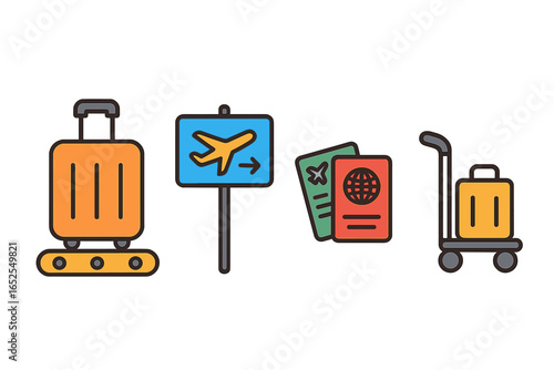 Airport and travel icon collection. Vector set includes suitcase on conveyor belt, passport, boarding pass, flight direction sign and a luggage cart. Flat cartoon style.
