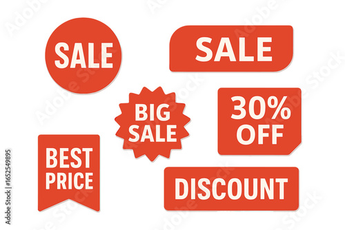 Set of red advertising stickers for sales and promotions. Vector discount tags and labels for retail shops and markets. Big sale, best price, and 30% off badges elements.