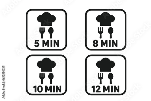 Cooking time icon set for food packaging. Vector label collection with chef hat, fork and spoon. Recommended preparation instruction symbols with 5, 8, 10, 12 minutes.