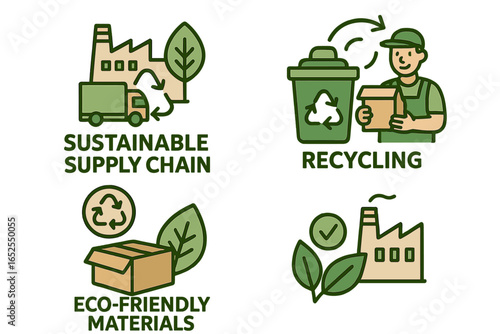 Sustainable supply chain management icon set. Green logistics, recycling process, and eco-friendly materials vector graphics. Environmental conservation concept for business.