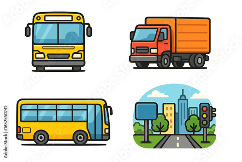 Transport icon set. Vector cartoon illustration of a yellow school bus, red delivery truck, and a city road with a traffic light and billboard. Public transit, logistics concept.