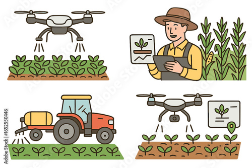 Smart farming technology icon set. Farmer with tablet, drone spraying crops, and tractor. Agriculture innovation, crop management, and precision cultivation vector illustration.