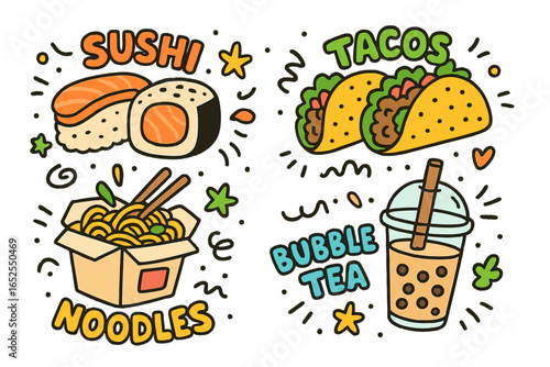 Street food vector icon set. Cute cartoon doodle illustrations of popular fast food: Japanese sushi, Mexican tacos, Asian noodles, and bubble tea. Fun takeout food collection.
