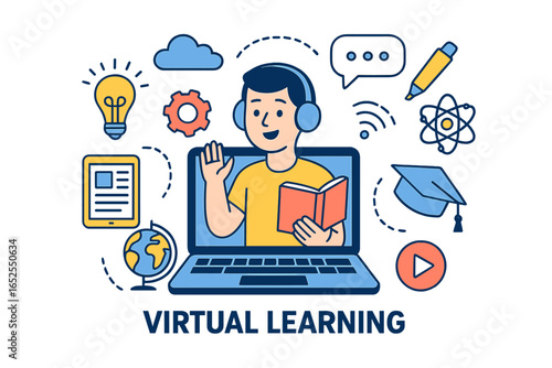 Virtual learning concept. Online education, e-learning, remote school. Student on laptop with educational icons. Distance course, webinar, knowledge, and graduation.
