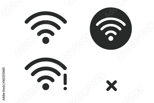 Wi-Fi icon set vector graphic. Wireless network connection pictogram collection. Internet signal, access point, error, disconnected signs. Flat isolated elements for UI, UX, web.