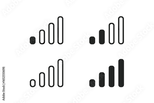 Wireless network signal icons set. Mobile phone connection strength indicator for applications, websites. Vector internet data status bar symbol for UI design. Wifi level glyph.