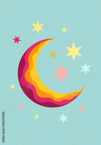 Playful Layered Crescent Moon and Star Whimsical Nursery Art Illustration