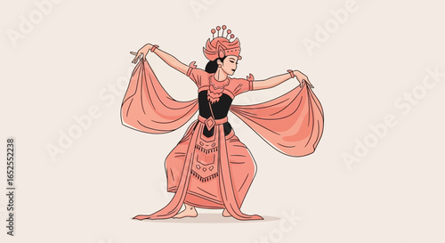 Simple Line Art Traditional Dancer with Beautiful Costume Illustration