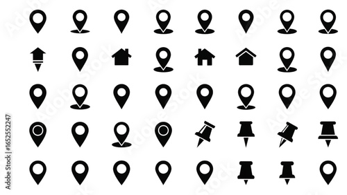 Location Marker and Map Pin Vector Icon Set – Standard Pins, Circular Markers, House Shape, Pushpin – Ideal for Mapping, Navigation, and Apps
