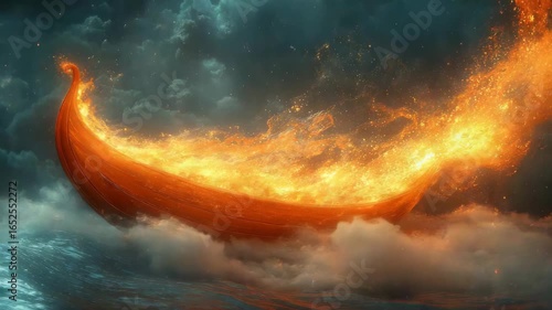 A mystical ship, ablaze with flames, glides through shimmering waves and celestial clouds as twilight descends, creating an enchanting and magical atmosphere filled with wonder.