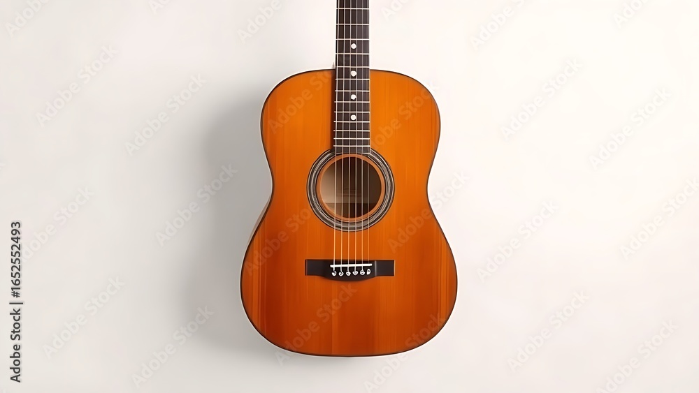 Fototapeta premium Acoustic guitar placed on a white surface with studio lighting from a 45-degree angle.