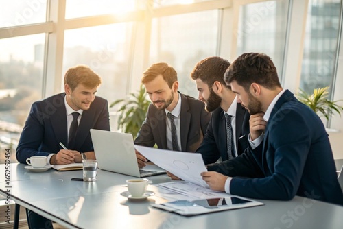 Businessmen having rooftop meeting with city view.