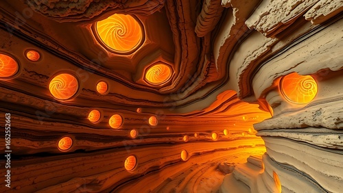 Fossilized worm tunnels glow like golden circuitry through layered canyon rock formations.