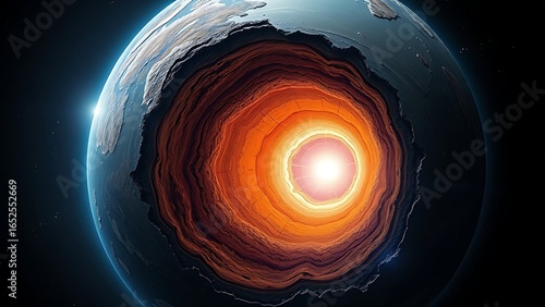 Cross-section of Earth revealing glowing blue core with dynamic liquid movement.