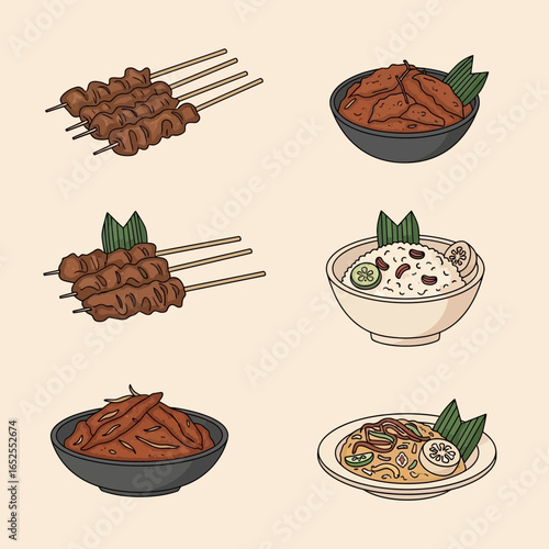 Line Art Delicious Indonesian Food Illustrations Set and Hand Drawn Elements